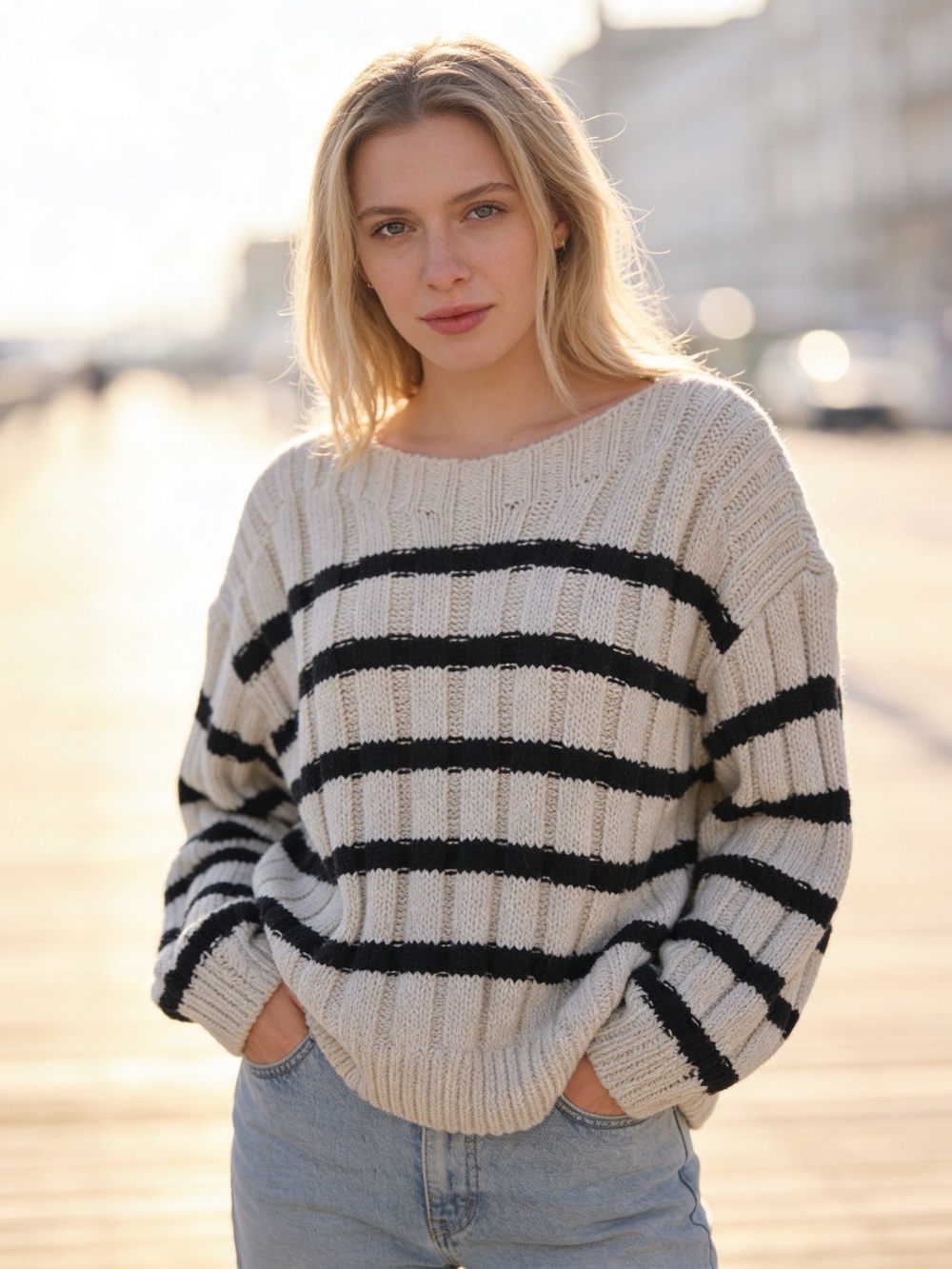 Zara Cream Black Striped Chunky Knit Sweater Oversized Small